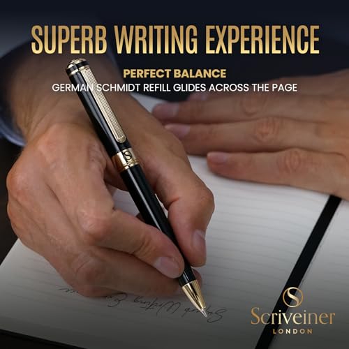 Scriveiner Black Lacquer Ballpoint Pen -Stunning Luxury Pen, Real Gold Plating, Schmidt Black Refill, Best Gift Set for Men & Women, Professional Executive Office, Nice Fancy Designer Pens - color: 1. Black with Gold