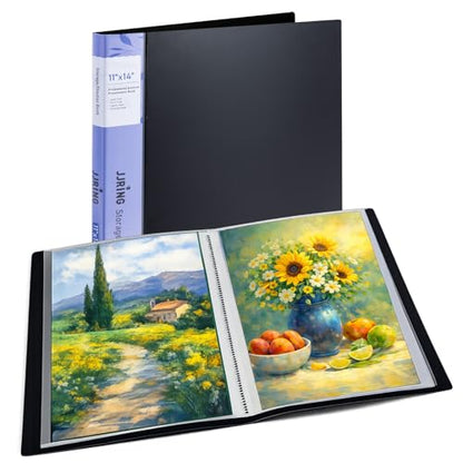 JJRING 11x14 Art Portfolio Folder with Plastic Sleeves, 24-Pocket Portfolio Binder Displaying 48 Pages, Presentation Book with Black Inner Paper for Artwork Storage, Black - size: 11*14