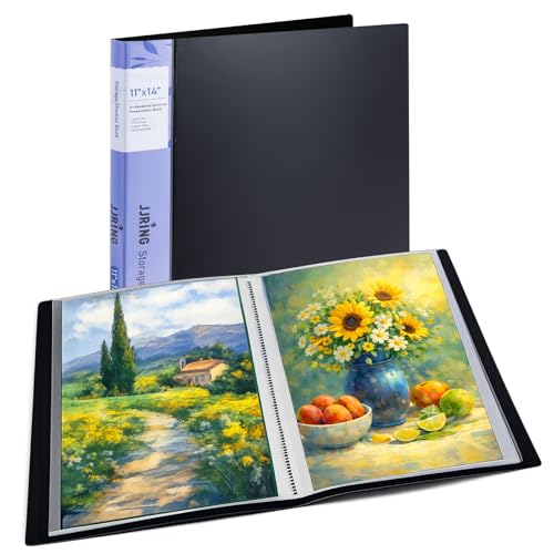 JJRING 11x14 Art Portfolio Folder with Plastic Sleeves, 24-Pocket Portfolio Binder Displaying 48 Pages, Presentation Book with Black Inner Paper for Artwork Storage, Black - size: 11*14