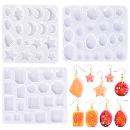 3 PCS Resin Jewelry Mold Kit with Hole Earring Silicone Mould Waterdrop Oval Pendant Molds Stars Moon Clouds Necklace Moulds for DIY Pendant Earrings Necklace Keychains Jewelry Making (3 Styles)
