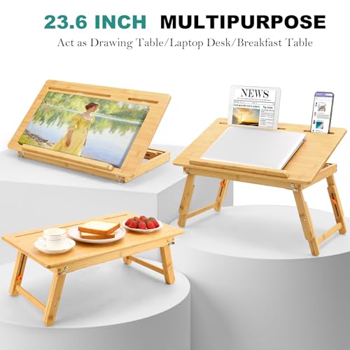 Nnewvante Drafting Table Bamboo Tabletop Easel Foldable Drawing Desk with Adjustable Height & Angle Drawing Board with Tablet and Phone Slots for Painting, Reading, Writing - color: Bamboo