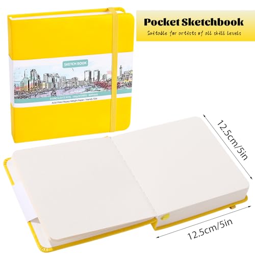 Prudiut Hardcover Pocket Sketchbook, 5" x 5" Square Mini Sketchbook, 98lb/160gsm Heavyweight Tiny Sketch Book, 80 Sheets Small Travel Drawing Journal for Adults, Artist, Ideal for Gift (Yellow) - color: Yellow