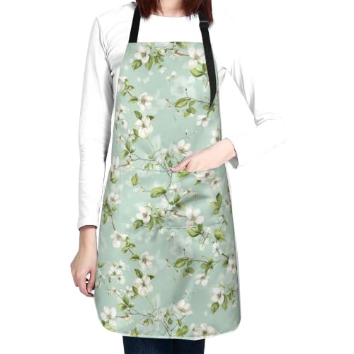 Fresh Meadow Floral Waterproof Apron with Pockets | Housework Aprons for Men Women Adjustable Bib Apron for Cooking Kitchen Baking BBQ Painting Garden Oil Resistant - color: Delicate Branch Art