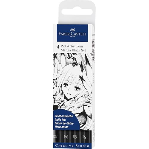 Faber-Castell Pitt Artist Pen Black Manga Drawing Kit - 4 Count, Assorted Nibs – Anime and Manga Drawing Kit - style: 4 Manga Black (SC, SC, M and XS Nibs)