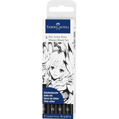 Faber-Castell Pitt Artist Pen Black Manga Drawing Kit - 4 Count, Assorted Nibs – Anime and Manga Drawing Kit - style: 4 Manga Black (SC, SC, M and XS Nibs)