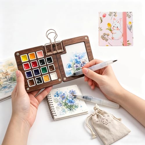 Mini Watercolor Travel Set – 15 Color Paint Kit with Wooden Palette, Magnetic Lid, Water Brush, Sketchbook for Travelers and Artists（C） - color: C