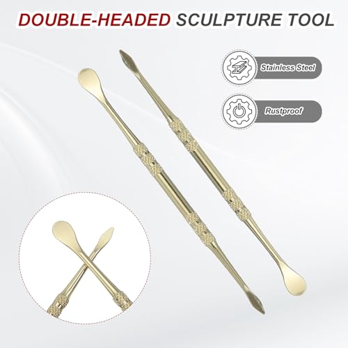 HARFINGTON 7pcs Wax Carving Tool 4.75" Double-Headed Stainless Steel Sculpture Tools Kit Modeling Engraving Sculpting Spoons for Clay Pottery Crafts Shaping, Gold Plated - color: Gold Plated