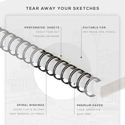 BEECHMORE BOOKS 9"x12" Spiral Bound Sketchbook - 100 Perforated Sheets 140 GSM (95lb) Acid-Free White Paper, Premium Professional Artist Sketch Pad, Art Supplies for Adults Students Drawing Notebook - size: A4 (9" x 12")