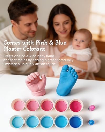 Baby Casting Kit Footprint and Hand Mold Pink & Blue with Wood Base, Personalized Newborn Shower Gifts for Baby Boy and Girl 0-9 Months