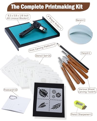 UCEC Linocut Kit for Printmaking - 38 Pcs Stamp Making Kit with 12 Wood Handle Carving Tools, A5 Linoleum Blocks, Brayer Roller & Baren - Complete Block Printing Starter Set for Adults & Beginners - color: Block Printing Kit-38 Pack
