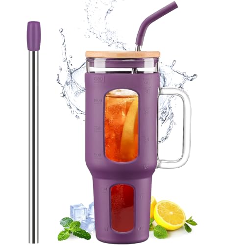 Glass Tumbler with Lid and Straw, 46 oz Iced Coffee Cup with Handle, Glass Water Bottles with Silicone Sleeve, BPA Free-Dark Purple - color: Dark Purple, size: 46 Ounces