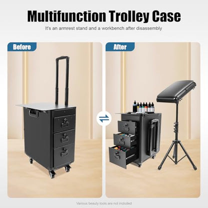Tattoo Travel Case on Wheels, Rolling Makeup Case, 3-Drawer Tattoo Station with Adjustable Tattoo Armrest Stand, Tattoo Suitcase & Mobile Cosmetology Station, 44 lbs Capacity (Metal Plate) - style: Metal Plate