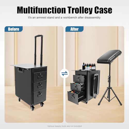 4 in 1 Rolling Makeup Train Case, 3 Drawers Portable Cosmetic Organizer, Aluminum Frame Lockable Beauty Storage Luggage with 4 Removable Wheels for Travel, Salon, Manicure & Makeup Artist