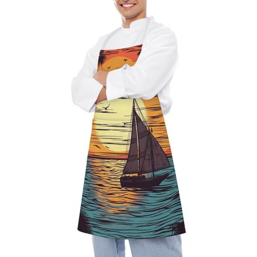 Bib Aprons Waterproof Chef Apron Fashion Painting Artist Apron | Sunset And Sailboat Apron for Men Women Adjustable Cooking Apron Funny Kitchen Aprons Polyester Art Aprons