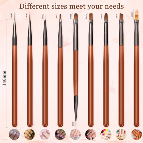 9Pcs Nail Art Brush Set, Builder Painting Design Detail Drawing Brushes Dotting Pen Double-Ended French Liner For Gel Polish Manicure Tools Acrylic Home DIY Salon Use Women, Brown - color: Brown