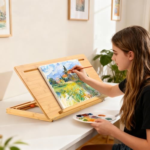 Nnewvante Drafting Table Bamboo Tabletop Easel Foldable Drawing Desk with Adjustable Height & Angle Drawing Board with Tablet and Phone Slots for Painting, Reading, Writing - color: Bamboo
