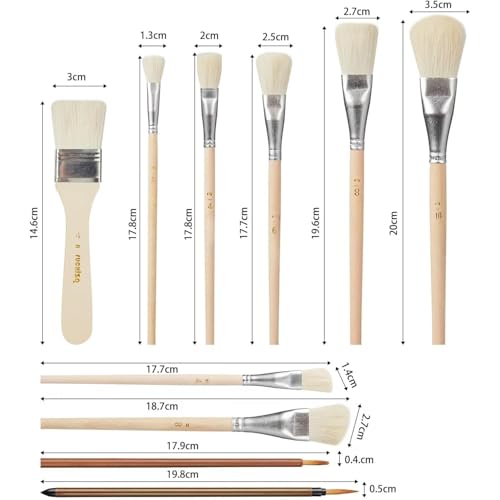 10 Pcs Pottery Glazing Brushes, Goat Hair Mop & Blending Brush Set for Ceramics, Acrylic Painting, Clay - Soft Bristle Artist Tools for Pottery Wheel, Canvas, Kiln Firing