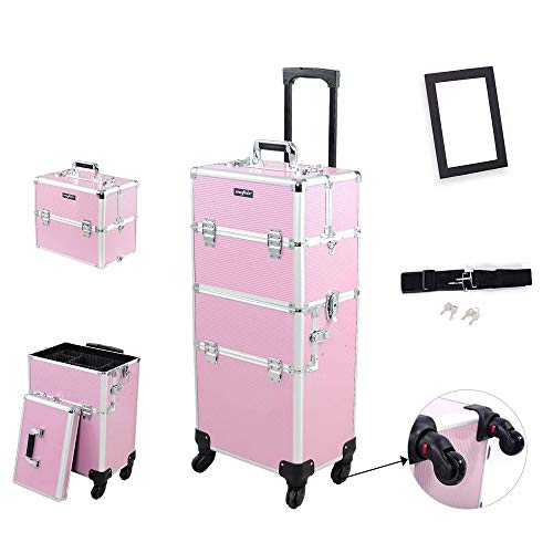 mefeir 2 in 1 Rolling Makeup Train Case, Makeup Travel Organizer Cosmetology Case, Aluminum Cosmetic Display Suitcase on Wheels, Beauty Storage Luggage Lockable w/4 Removable Wheels (Pink) - color: 2IN1 Pink