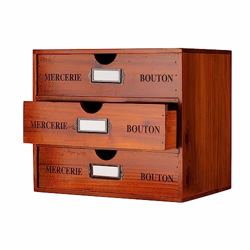 Wooden Storage Box Rustic Desktop Organizer with 3 Drawers Office Desk Accessories Shelf Large Craft Storage Containers Apothecary Cabinet and Chest Jewelry Holder for women(BROWN) - color: BROWN-LARGE03