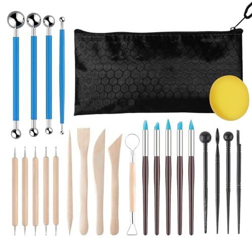 25 Pcs Clay Tools and Pottery Tool Kit for Polymer Clay Sculpting, Air Dry Clay, Ceramics, Professional Sculpting Tools Set with Silicone Shapers, Ball Stylus & Premium Black Canvas Case - size: Pack of 25
