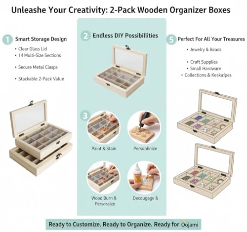 2 Pack Unfinished Wooden Jewelry Organizer Box with Glass Lid – 14 Compartment Bead & Craft Storage Case – DIY Paintable Wood Display Box for Jewelry, Gems, Supplies