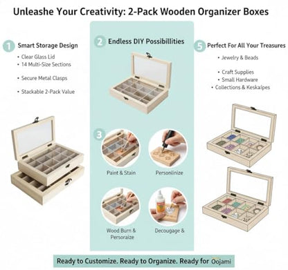 2 Pack Unfinished Wooden Jewelry Organizer Box with Glass Lid – 14 Compartment Bead & Craft Storage Case – DIY Paintable Wood Display Box for Jewelry, Gems, Supplies