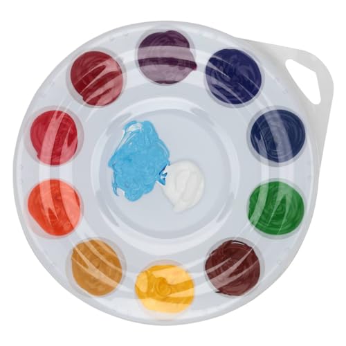 Creative Mark 10-Well Round Plastic Paint Palette with Lid - Pack of 12, Durable, Reusable, Solvent-Resistant, with Oversized Paint Wells Mixing and Color Theory - 7.4ml (0.25oz) Per Well