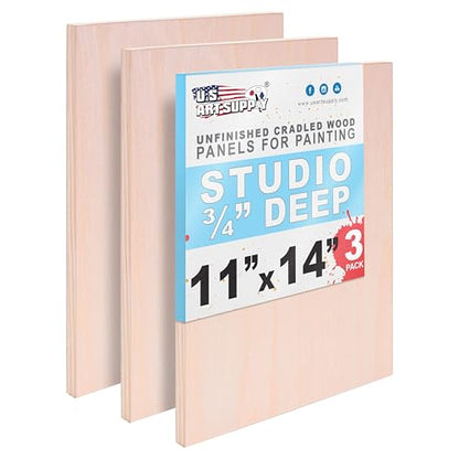 U.S. Art Supply 11" x 14" Unfinished Cradled Wood Panels for Painting, Studio 3/4" Deep (3 Pack) - Artist Depth Birch Wooden Wall Canvases - Mixed-Media Craft, Acrylic, Oil, Encaustic, Paint Pouring - size: 11" x 14"