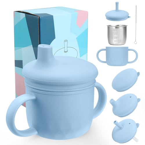 Mity rain 3-In-1 Stainless Steel Sippy Cup for 6+ Month Old, Baby Straw Cups for Toddlers 1-3 with Travel Lid, Silicone Straw, Replacement Straw & Cleaning Brush - 8oz Toddler Cups Spill Proof Set - color: Blue