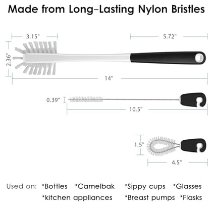 MOSOLAN 3-in-1 Water Bottle Cleaning Brush Set - Long Handle Scrubbing Brush for Tumbler, Straw, Baby Bottles, Drinking Glasses, White - color: White