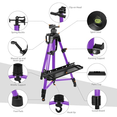 Easel for Painting, Portable & Foldable Easels Stand, Height-Adjustable 22'' to 62'', Equipped with Tray, Water Bucket Hook, Spirit Level, Compass & Carrying Bag for Art Display,Travel - Purple - style: Purple
