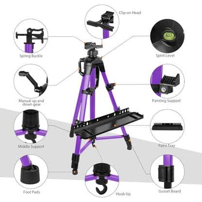 Easel for Painting, Portable & Foldable Easels Stand, Height-Adjustable 22'' to 62'', Equipped with Tray, Water Bucket Hook, Spirit Level, Compass & Carrying Bag for Art Display,Travel - Purple - style: Purple
