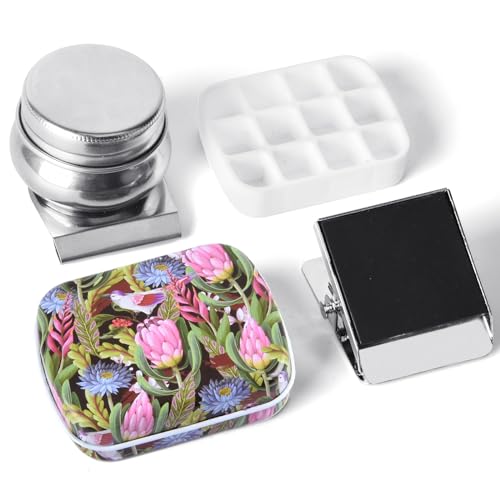 Portable Mini Tin Box,12-Well Empty Watercolor Palette,Small Paint Storage Travel Artist Outdoor Sketch Watercolor Kits with Magnetic Clip and Oil Pot.Flowers and Birds - color: Outdoor Painting Set-flowers and Birds