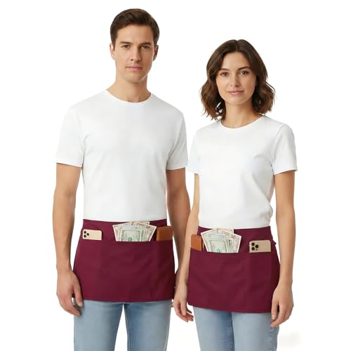 BOHARERS Waist Apron with 3 Pockets 12 Pack - Red Waitress Server Short Apron - color: F-12 Pack Red