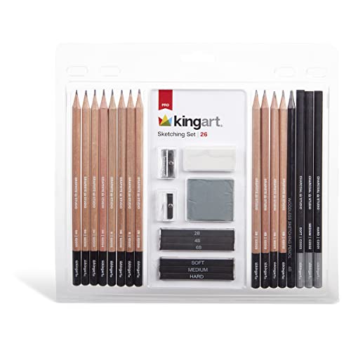 KINGART PRO Artist SKETCHING and DRAWING SET, 26 Pc. Pencils, Charcoal & Graphite Sticks, Erasers, Sharpeners, All Skill Levels, 26 pc.