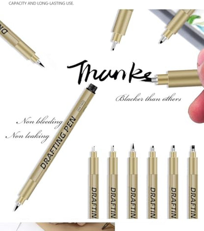 6-Pack Technical Drafting Pen Set, 6 Sizes Ultra-Fine Fiber Tip Pens with Pigment Ink, No Leak No Skip Drawing Pens for Drafting, Comic Design, Sketching & Architectural Art
