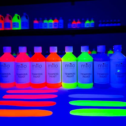 milo Fluorescent Neon Washable Paint | 8 oz Bottles 8 Colors | Made in the USA | Glows UV in Black Light | Safe & Non-Toxic Tempera Paint for Art & Craft, Poster, Window, Classroom, School - style: Fluorescent Tempera 8 x 8 oz Bottles