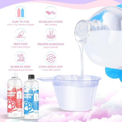 Silicone Gel for Taba Squishy Kit - 36oz Super Soft Silicone Rubber Squishy Maker, Fast Cure DIY Squishy Making Kits with Cat Paw, Taiyaki, Bear Mold, Creative Stress Relieving Gift for Beginners - color: 500+500