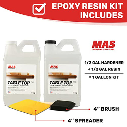 MAS Epoxies Table Top Pro Epoxy Kit, 1-Gallon, (0.5-Gal Part A + 0.5-Gal Part B) Crystal Clear Resin Casting for DIY Arts, Crafts, Countertops, Wood Tables, Tabletops, Bar Tops - size: 1 Gallon