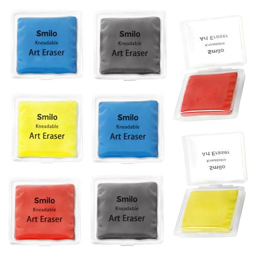 Smilo Kneaded Erasers for Artists, 8-Pack (4 Colors - 2 Each) | Reusable, Dust-Free, No Smudge | Moldable Putty Eraser with Case | Ideal for Drawing, Sketching, Students（Red,Blue,Yellow,Grey） - color: 4 Colors-2