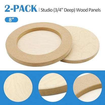 Falling in Art Unfinished Round Birch Wood Canvas Panels Kit, 2 Pack of 8’’ Studio 3/4’’ Deep Cradle Boards for Pouring Art, Crafts, Painting, and More - size: 8' round 2 Pack