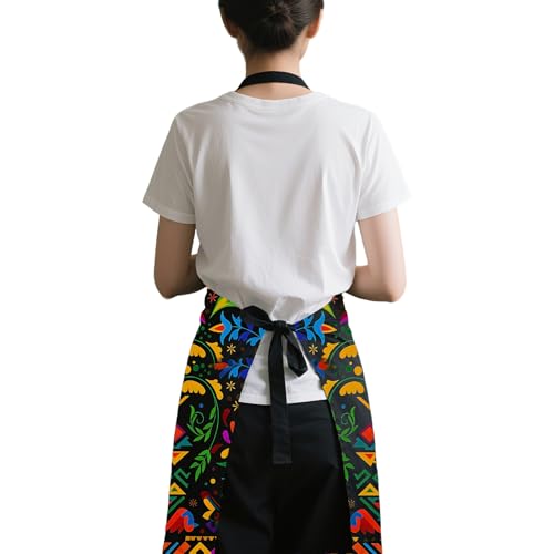 Mexican Floral Apron with 2 Pockets, Adjustable Apron for Cooking Baking BBQ Painting, Gifts for Women Men - color: Black-hua