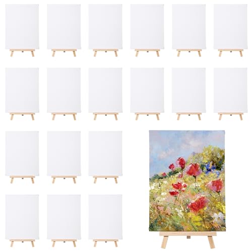 MotiMind 36 Pcs Mini Canvas and Easel Set for Painting, 6 x 8 Inch Canvas Panels with 8 Inch Wooden Easels for Oil Acrylic Painting Christmas Birthday Valentine's Mother's Day Art Crafts Party Favors - size: 6 x 8 Inch