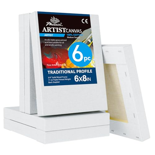 PHOENIX 6x8 Inch 6 Pack Artist Canvas - Small Stretched Canvases for Painting - 3/4 Inch Profile, 100% Cotton 11 Oz. Gesso Primed White Blank Professional Canvas Oil & Acrylic Paints - size: 6"x8", style: Traditional