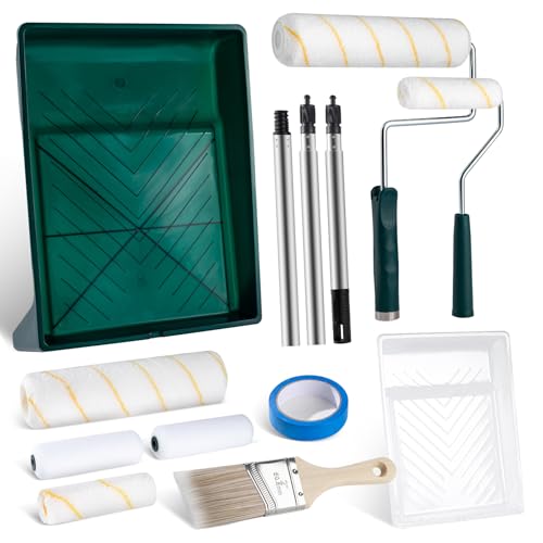 Paint Roller Kit with Extension Pole, 13 PCS Set, 9 Inch 4 Inch Paint Rollers, Paint Tray Liner, Paint Brush for Walls, Painters Tape, House Painting Supplies for All Paints & Stains (3 FT)