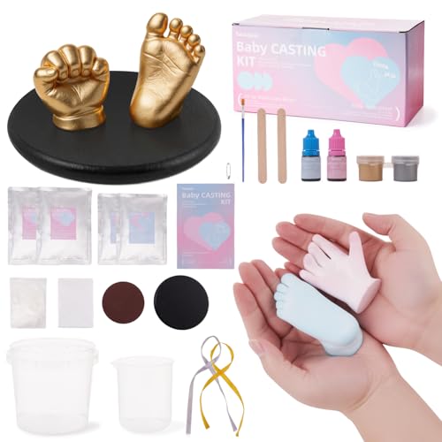 Baby Casting Kit Footprint and Hand Mold Pink & Blue with Wood Base, Personalized Newborn Shower Gifts for Baby Boy and Girl 0-9 Months