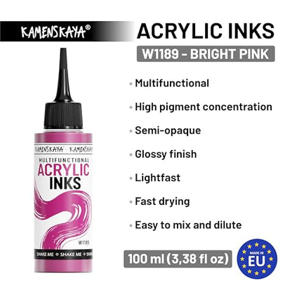 KAMENSKAYA Acrylic Inks for Artists - Bright Pink Acrylic Ink, 3.38 Fl Oz (100 ml) - color: Bright Pink