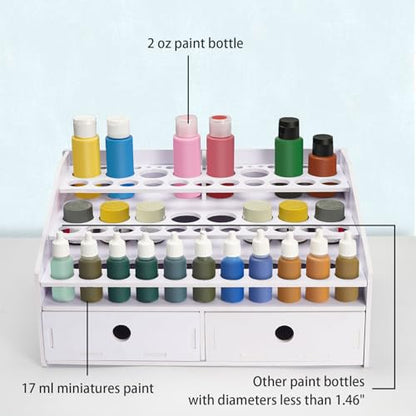 Krafetto Miniatures Paint & Paintbrush Storage Organizer Rack, Craft Paints Holder with Drawer, 43 Holes for Model Paint, 16 Holes for 2 oz Paints, 22 Holes for Brush