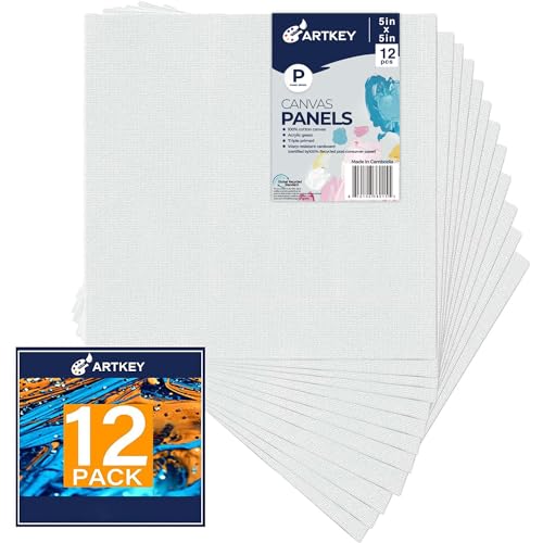 Artkey Canvas Boards 5x5 Inch 12-Pack, 10 oz Primed 100% Cotton White Blank Small Canvases for Painting, Square Flat Canvas Panels for Oil Acrylics Watercolor & Tempera Paints - size: 5"x5", style: 12-Pack