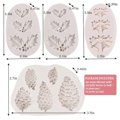 4PCS Christmas Fondant Molds, Christmas Holly Leaves Bells Pinecone Silicone Chocolate Molds, Unique Shape Cake Pop Candy Gummy Molds for Baking, DIY Holiday Dessert Polymer Clay Candle Craft - color: 4pc xmas